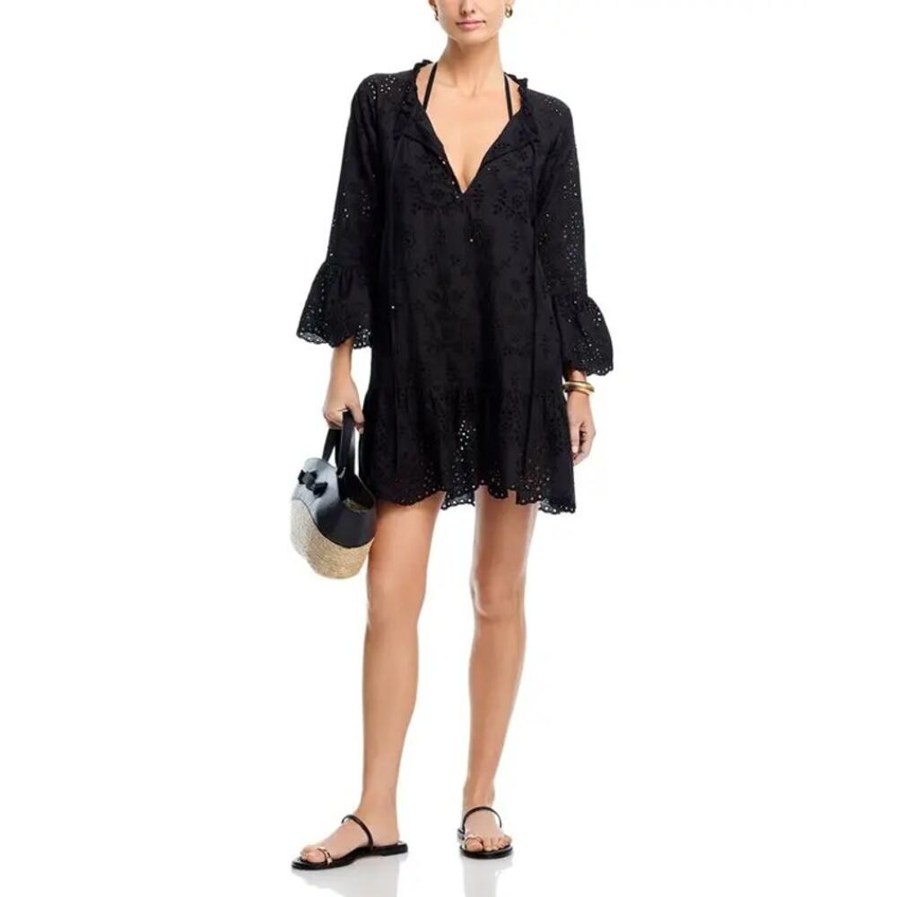 AQUA Women Black Eyelet Embroidered Cotton Swim Cover-Up Mini Dress Size L - Picture 3 of 7